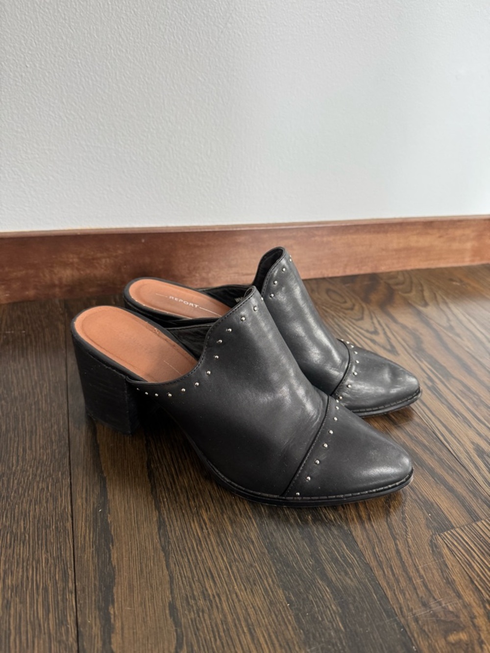 Report Black Studded Leather Pointed Toe Mules Heels Size 9.5